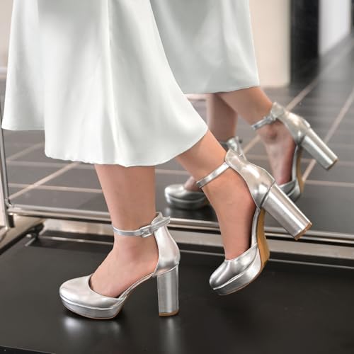 Image of Ankis Black Platform Closed Toe Heels for Women, Womens Heels Closed Round Toe Chunky Block Pumps Shoes, 4 Inch