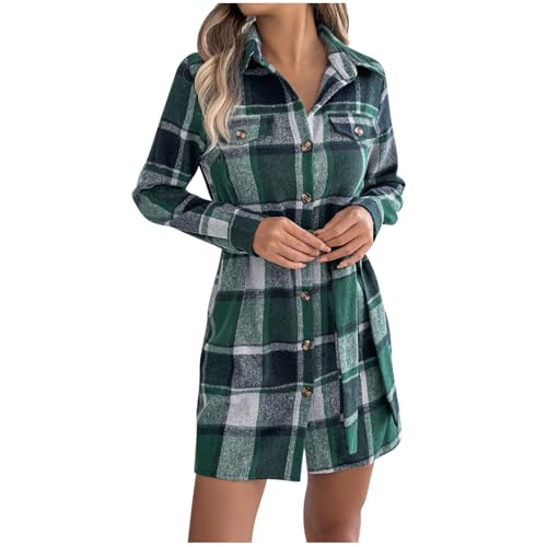 Dyhxuan Blusenkleid Damen Wolle Hemdkleid Modisches Kariert Hemdblusenkleid Button Down V-Ausschnitt Shirtkleid mit Gürtel Langarm Karo Kleid...