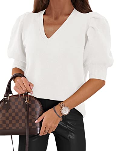 Image of Womens Puff Short Sleeve Sweater Tops V Neck Shirts Casual Pullover Blouse