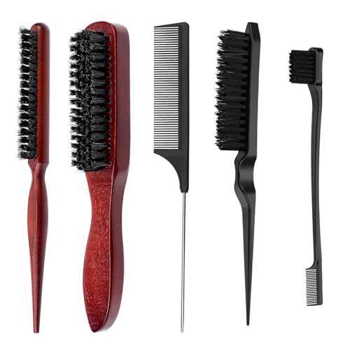 5 Pezzi Spazzola Setole Cinghiale, Spazzola per Capelli con Manico Set, Spazzole per Coda Tirata, Barba e Sopracciglia, Pettine Styling per Capelli Lisci e Ricci, Uomo e Donna