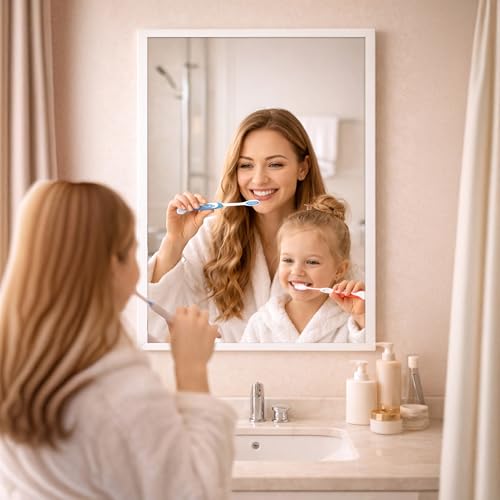 Image of Rousrie Premium Framed Glass Wall Mount Mirror, Decorative, for Bathroom, Bedroom, Living Room and Entryway, Wash Basin (14 by 20 Inch) (White)