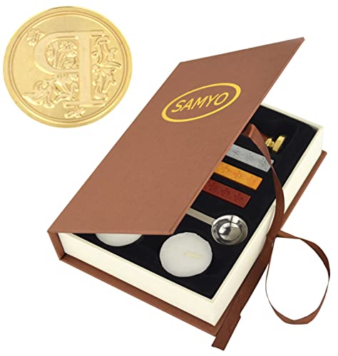 Samyo Wax Seal Stamp Kit Retro Creative Sealing Wax Stamp Maker Gift Box Set Brass Color Head with Vintage Classic Alphabet Initial Letter (P)