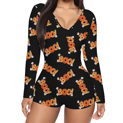 Yoisdtxc Pagliaccetto da donna a maniche lunghe con scollo a V e pantaloncini aderenti, tuta intera, pigiama, pigiama, Nero , S