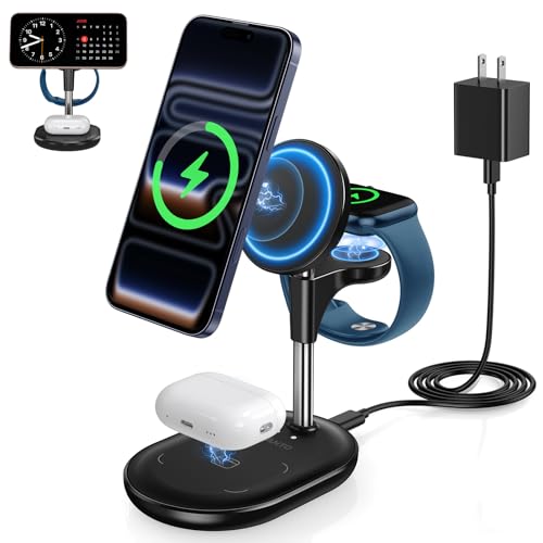 Hevanto 3 in 1 Wireless Charging Station for Apple MagSafe Charger, 15W Fast Qi-Certified Magnetic Mag-Safe Charger Stand for iPhone 17 16 15 14 13 12 Apple Watch AirPods Series, Gifts for Men