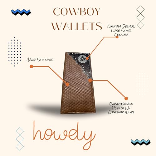 Urbalabs Mens Long Wallet Basketweave Tooled Cow Hair Leather Lone Star Concho Checkbook Style Cowboy Hand Crafted High End Mens Wallets Leather Gifts For Men (Brown)4