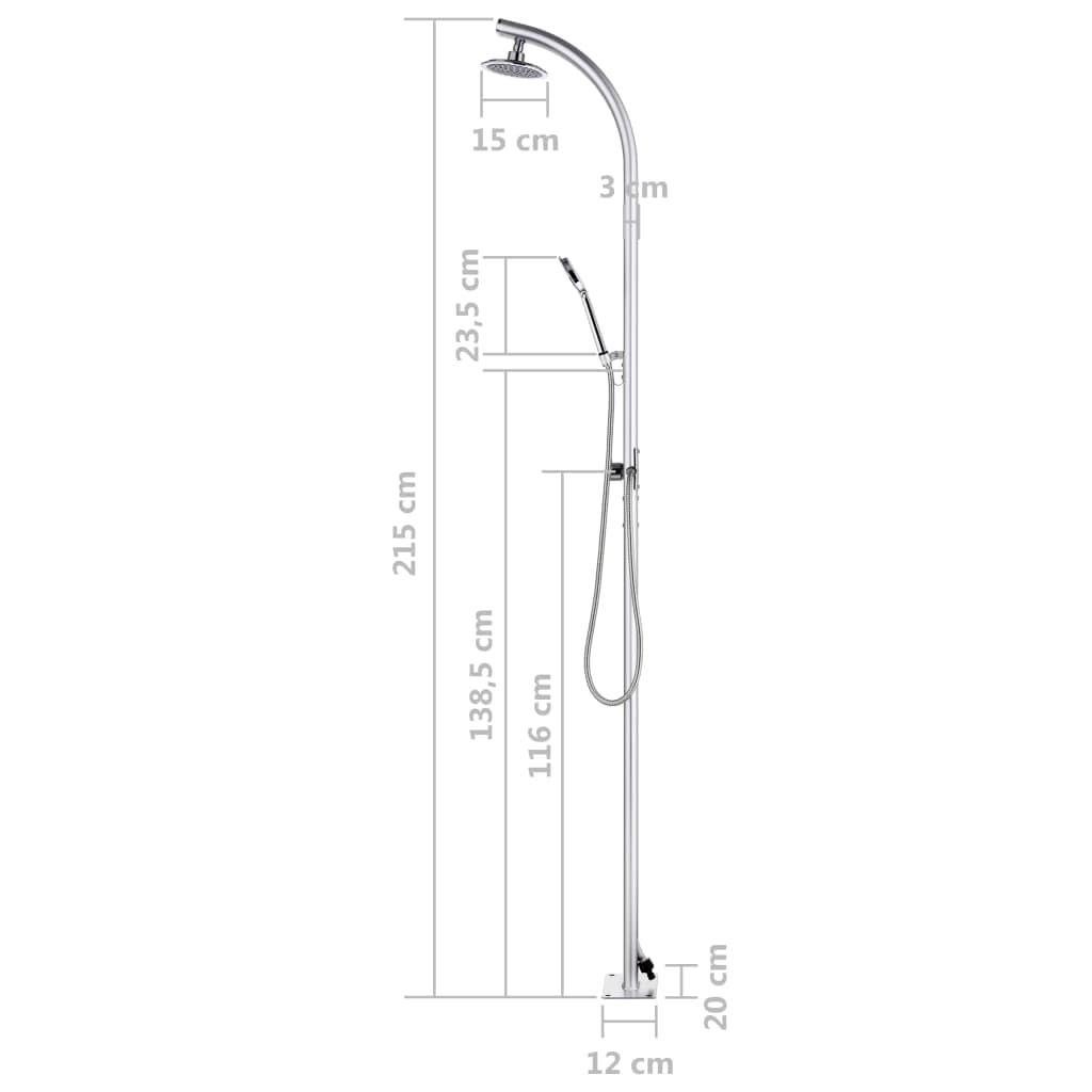 Mangloder - Doccia da giardino con piastra di base grigia in WPC, 220 cm, in alluminio, soffione da 15 cm e doccetta da 1,5 m, per piscina, idromassaggio, jacuzzi e giardino all'aperto in estate