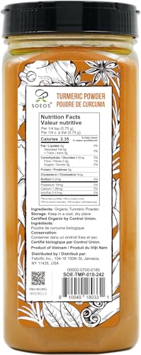 Image of Soeos Organic Turmeric Powder 10oz (284g), Non-GMO Verified, USDA Organic, Natural Curcumin, Lab Tested for Purity, Sealed Package To Keep Turmeric Fresh
