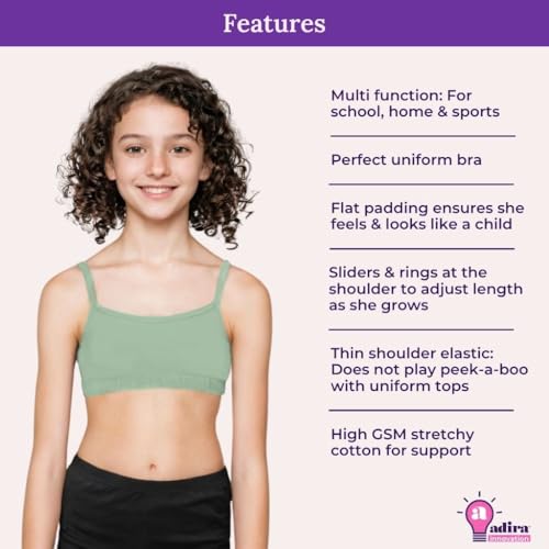 Image of ADIRA | Beginners Bra for Girls 13-14 Years | Flat Padding for Nipple Coverage | Comfortable Strecthy Cotton | Comfy-Breathable Beginners Bra & Super Soft Material | Pack of 3