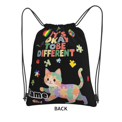 Custom Name Drawstring Backpack - Personalized Autism Awareness Sport Gym Sackpack String Bag with Zipper Pocket for Beach School Travel,​Cat2