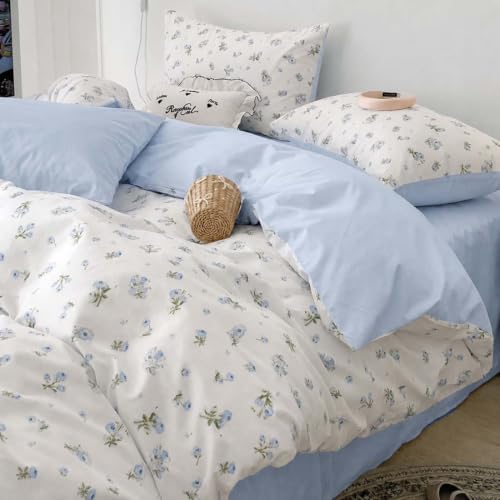 Image of Nayoroom Blue Floral Duvet Cover Queen Reversible Cottagecore Bedding