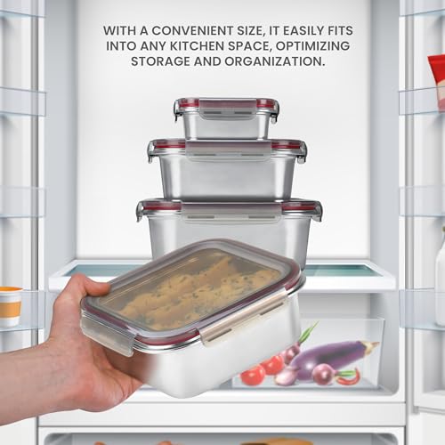 Image of MILTON Modulo Steel Square Container with lock lid, Set of 4 (400,800,1440 & 2400 ml)|Airtight & Leakproof|Microwave & Oven safe| Light Weight | School, Office or Picnic use, Silver