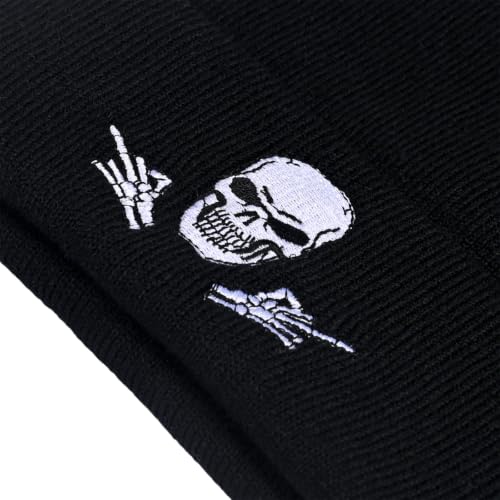 Image of Embroidered Skeleton Beanie Hat Winter Stretch Knit Skull Cap for Men Women