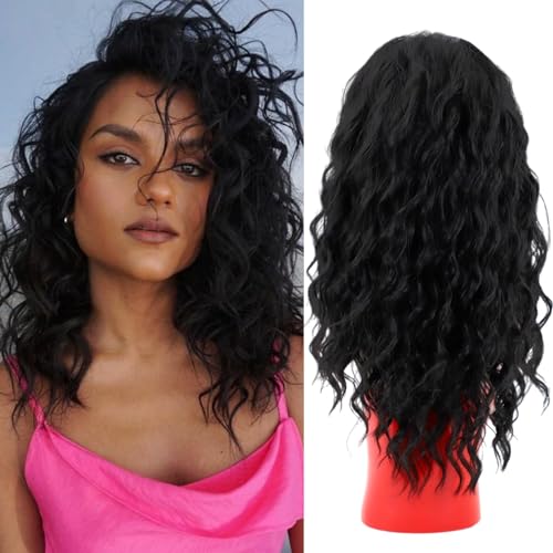 Fencca Black Curly Wigs for Women Medium Length Wavy Curly