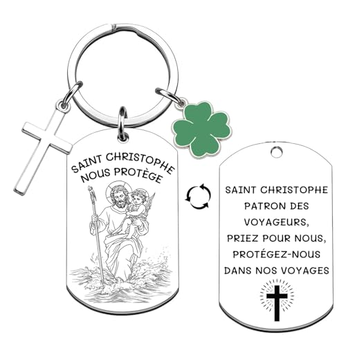 YJYJZX Porte-clés Saint Christophe Protect Us, Médaille de Protection Catholique, avec Croix et Trèfle, Cadeau pour Voyageur, Automobiliste, Pilote (2)
