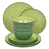 TP 12-Piece Dinnerware Set, Melamine Dishes Set with Bowls and Plates, Non-breakable Lightweight Dinner Service for 4, Avocado Green
