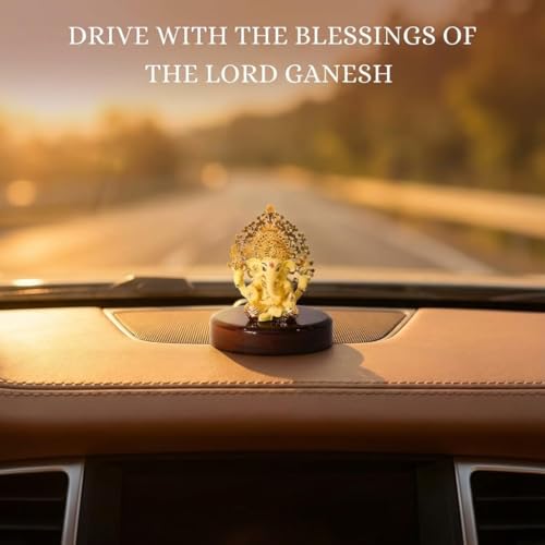 Image of Gold Plated Ganesh Idol with Kalpavruksh Tree for Car Dashboard & Office Desk | Ganpati Murti for Home Decor & Hindu God Gift | Resin (Yellow) | 3 Inches