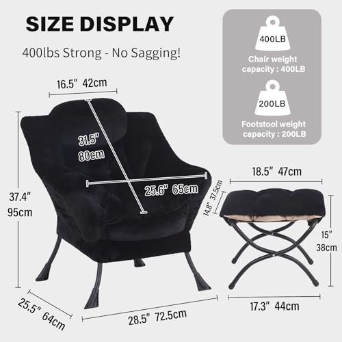 Image of Tiita Lazy Chair with Ottoman, Black Modern Large Accent Chair, Comfy Leisure Sofa Armchair with Ottoman, Reading Chair with Footrest for Bedroom, Living Room, Dorm Rooms, Plush Black