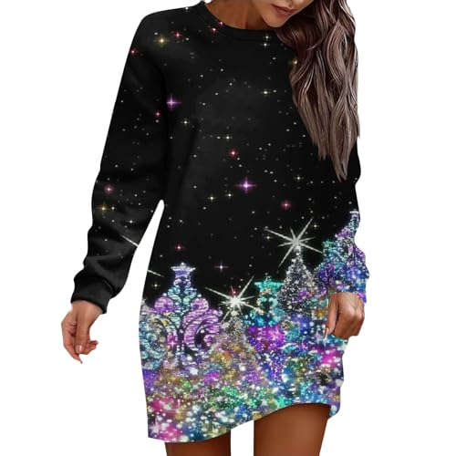 ECUNGWUA Weihnachtskleid Damen Weihnachten Kleid Elegant Langarm Pulloverkleid Glitzer Christmas Dress Vintage Partykleid Festliches Outfit (XXL)