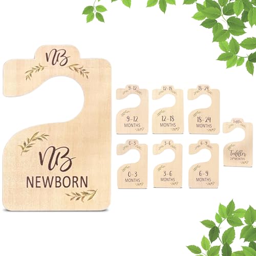 Image of Solid Wooden Baby Clothes Closet Dividers | Set of 8 Double-Sided Baby Size Closet Dividers for Newborn to 24 Months Unisex Babies | Clear Labeling and Easy to Sort | Nursery Decor