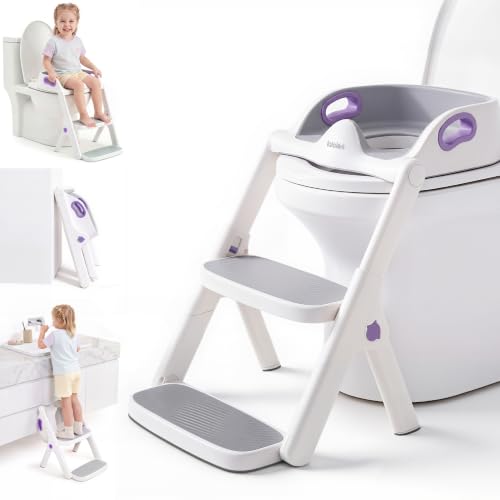 lalalark Potty Training Seat, 2-in-1 Toddler Toilet Seat with Steps, Upgrade Potty Step Stool for Toddler with Anti-slip Pad Step Stool, Extended Splash Guard, Foldable Potty Ladder Boys Girls, Purple