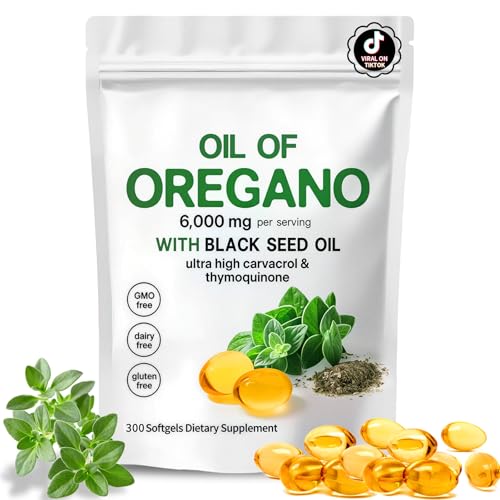 EOQIFJM Oil of Oregano with Black Seed Oil 2-in-1 Oregano Oil Capsules Organic 6000mg Per Serving 300 Softgels 4X Strength Carvacrol & Thymoquinone Non-GMO Gluten Free & Immune Support