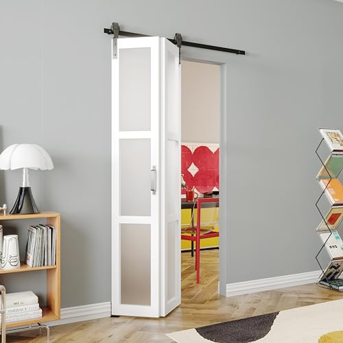 SOLRIG 36in x 84in Bifold Barn Door, 3 Lites Tempered Frosted Glass Barn Door with Hardware Kit Set, Pre-drilled Sliding Closet Door Slab, 3.3FT Track for 2 Doors, Easy Assembly, MDF White