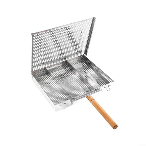 Allthingstore Grande griglia in acciaio inox con manico in legno, vassoio rettangolare per barbecue per cucinare all'aperto (A)