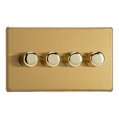 Image of Varilight 4-Gang 2-Way V-Pro Push On/Off Rotary LED Dimmer 4 x 0-120W (Twin Plate) Brushed Brass