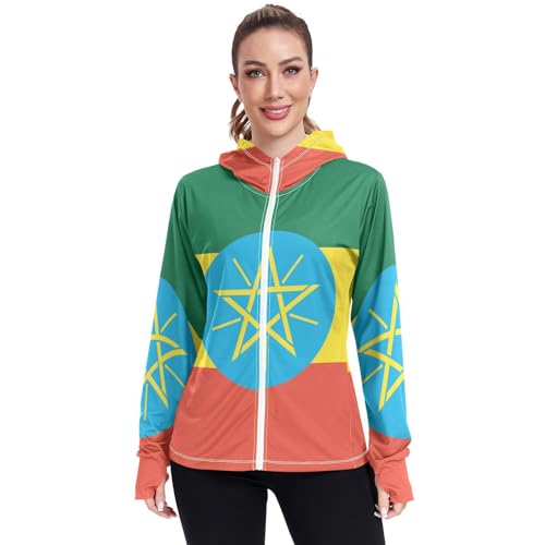 Ethiopia Flag Womens UPF 50+ Sun Protection Hoodie Jacket Lightweight Long Sleeve Sun Shirt with Pocket Multicoloured