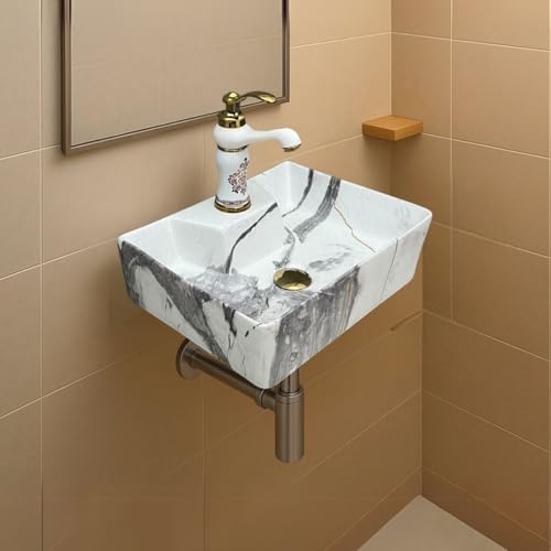 Image of Artiva Designer Ceramic Table Top Wash Basin For Bathroom /Wall Mounted Bathroom Sink /Wall Hung Washbasin /Wash Basin For Cabinet, Countertop, Vanity (Thunder White 16 x 12 x 5 Inch)