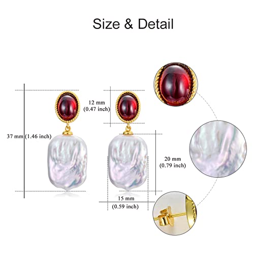 Bethza Garnet Dangle Earrings 12Mm Gold Plated With Natural Pearl 925 Sterling Silver Natural Garnet Stud Earrings Natural Baroque Pearl Earrings For Women Jewelry Gift For Girls Women Wife #TOP6