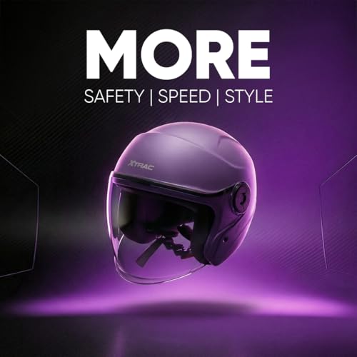 Image of Xtrac Ace ISI Certified Open Face Helmet for Men & Women | Half Face Bike Helmet with Scratch-Resistant Clear Visor | Lightweight ABS Shell | Quick Release Buckle | Purple - M