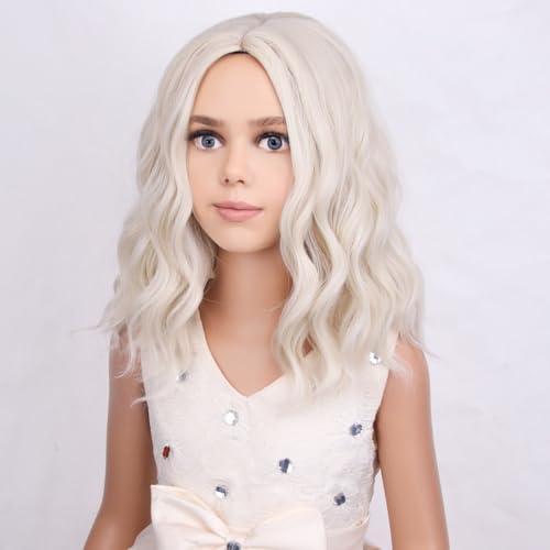Image of PATTNIUM Platinum Blonde Kids Wig Short Curly Wavy Girls Blonde Wigs Platinum Bob Synthetic Wigs