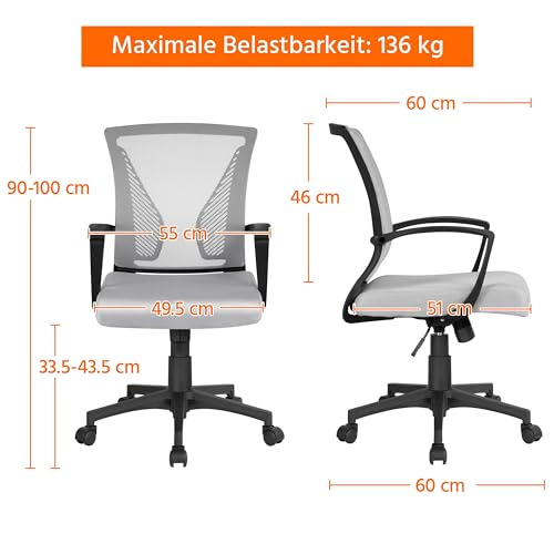 Yaheetech Bürostuhl Ergonomisch mit Netzbespannung Atmungsaktiv, Grau – Ansicht 4