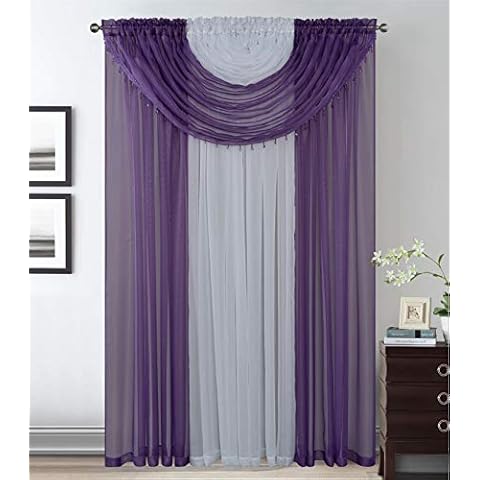 Elegant Home Complete Multicolor Window Sheer Curtain All-in-One Set with 4 Panels and 2 Valances with Crystal Beads for Living Room, Dining Room, Or Any Other Windows- Laura (Purple / White) Cover