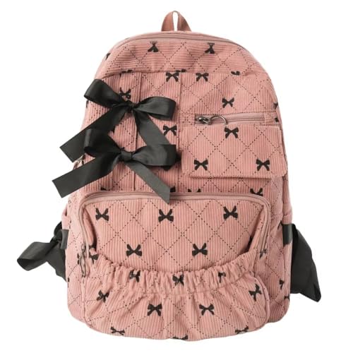 Moda de veludo cotelê Bow Schoolbag Mochila De Grande Capacidade Bow Print Mochila Ins Estilo Estudantes Mochila Feminina (Rosa)