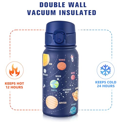 Image of GOPPUS Kids 12oz Insulated Stainless Steel Water Bottle, Leakproof Vacuum Tumbler with Carry Handle, Fits Cup Holders, Reusable Water Bottle for School Outdoor, Boys & Girls（Blue Starry Sky）