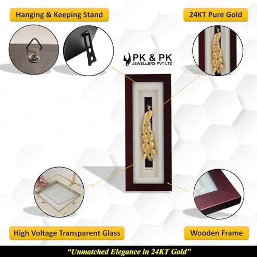 Image of Pk & Pk Jewellers Standing Colour Peacock | 24KT Gold Frame | Rosewood Frames Collection | Tabletop Medium Size [14x34.5 cm] (For Premium Luxury Gift, Home Decor, Table Decoration)Rectangular