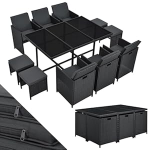 Juskys Polyrattan Sitzgruppe Baracoa XL 11-teilig wetterfest & stapelbar - 6 Stühle, 4 Hocker, Tisch mit Glasplatte & Kissen - 10 Personen - Gartenmöbel Set für Garten & Terrasse