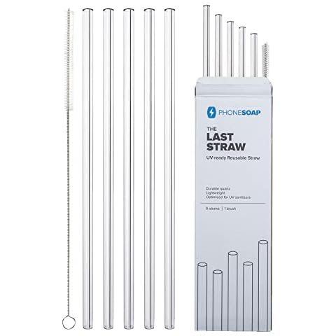 PhoneSoap Last Straw 12" Long Drinking Straws For Cold & Hot Drinks Clear Straws From Quartz Reusable Straws Dishwasher Safe Easy to Clean - 5 Pack With Cleaning Brush Cover