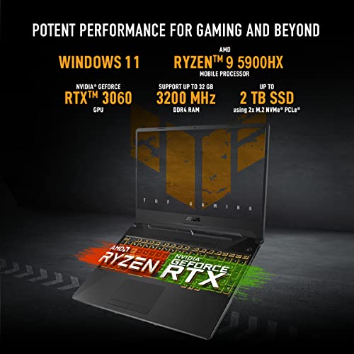 Image of ASUS TUF Gaming A15, 15.6 inch (39.62 cm) FHD 144Hz, AMD Ryzen 9 5900HX, 6GB RTX3060, Gaming Laptop (16GB /512GB SSD /Windows 11 /Black /2.30 Kg), FA506QM-HN124W