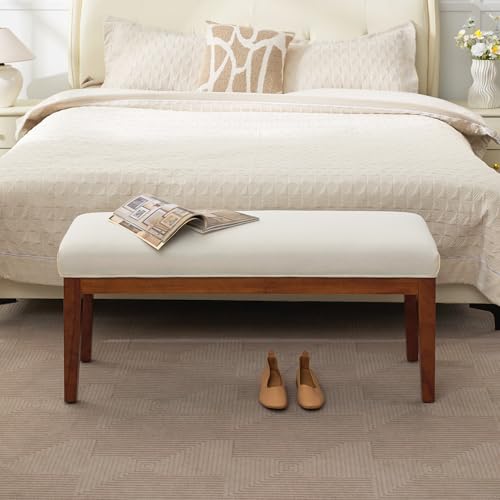 Image of WUTUTUEE 43.5'' Linen Bedroom Bench, Upholstered End of Bed Bench, Padded Vintage Dining Bench, Entryway Bench with Solid Wood Legs, Kitchen, Living Room, Hallway, White