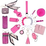 Ankilo Safety Keychain Set for Women, Wristlet Keychain Set with Personal Alarm, Earphone Case, Lipstick and Perfume Bag, Pom Pom, Card Wallet (Pink)