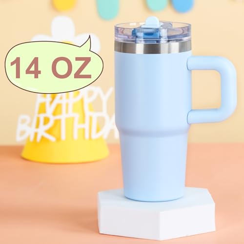 Cosictic 14 Oz Flip Straw Tumbler with Handle for Kids, Stainless Steel Double Wall Insulated Cup for Children with Flip Top Lid, 14 Oz Leak-proof Cups for Kids, Sky Blue and Green by Cosictic - Used condition - Image 4