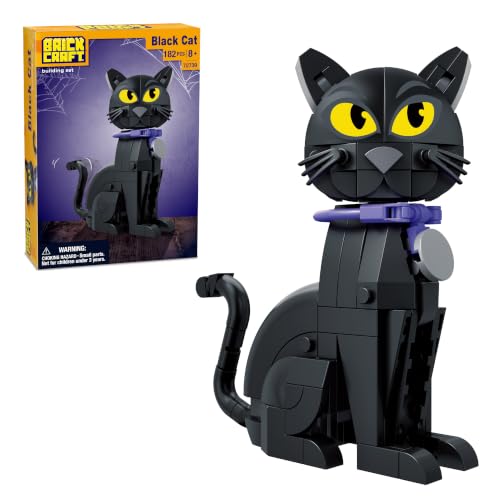 Brickcraft Halloween Black Cat Building Kit (182 Pieces), Posable Tail Cat Figure with Collar and Bell, Spooky Halloween Decor Gift for Teens & Adults, Ages 8+