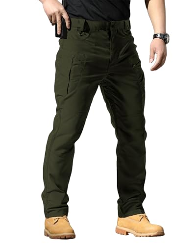 Men's Stretch Tactical Pants,Water Resistant Ripstop Cargo Pants, Lightweight Outdoor Work Hiking Pants with Multi Pockets (No Belt),Army Green