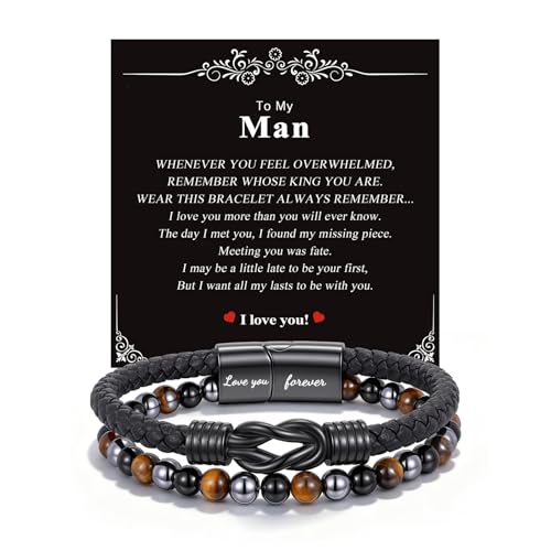 Crystal Infinity Cuff Bracelet Gifts for Men Him-Triple Protection Hematite Black Obsidian Tiger Eye Gemstone Beaded Leather Cuff Bracelets Lettering Love You Forever Healing Gifts for Husband Fathers Day
