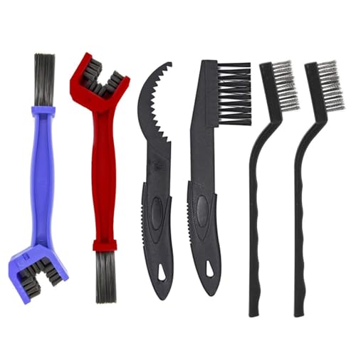 FIMWOLZ Set van 6 kettingreinigingsborstels, kettingreinigingsborstel voor motorfiets en fietsen in zwart, blauw en rood, fietsset, reinigingsborstel, kettingtandwiel