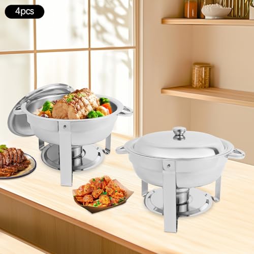 Tagtuell 4er Set Rund Chafing Dish Set, Professional Speisenwärmer mit Deckel, 4,5L Edelstahl Buffet Wärmebehälter Buffetwärmer für Restaurants, Buffets (Silber) – Bild 3