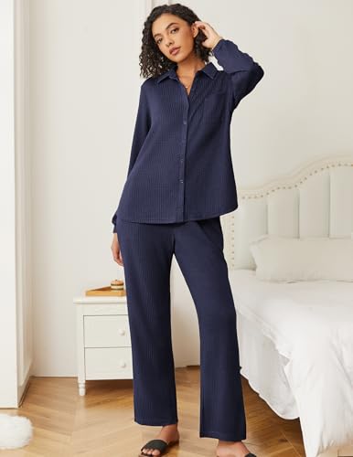 Ekouaer Womens Pajamas Set Long Sleeve 2 Pieces Loungewear Soft Waffle Knit Button Down Matching Sleepwear2